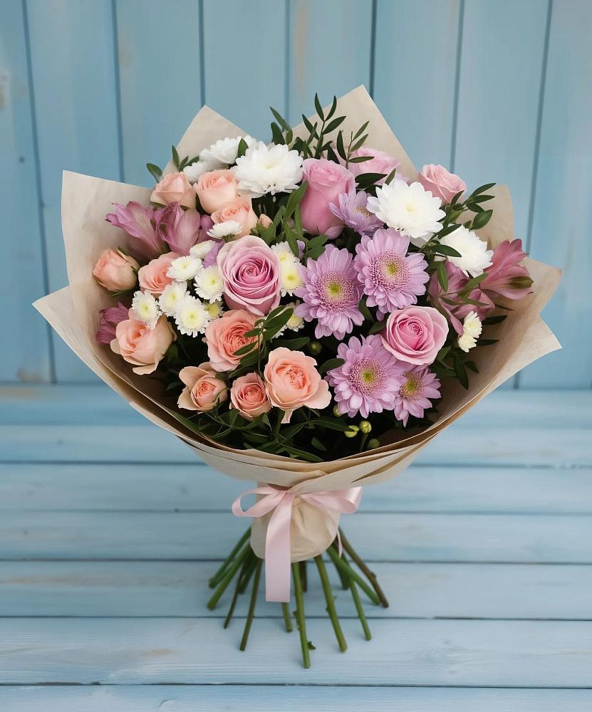 Букет цветов из: Хризантемы, Розы и Альстромерии в Олымский