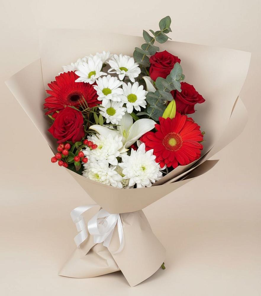 Букет цветов из: Розы, Хризантемы, Герберы и Лилии в Олымский