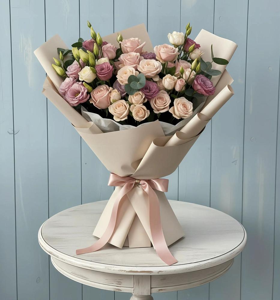 Букет цветов из: Розы и Лизиантусы в Олымский