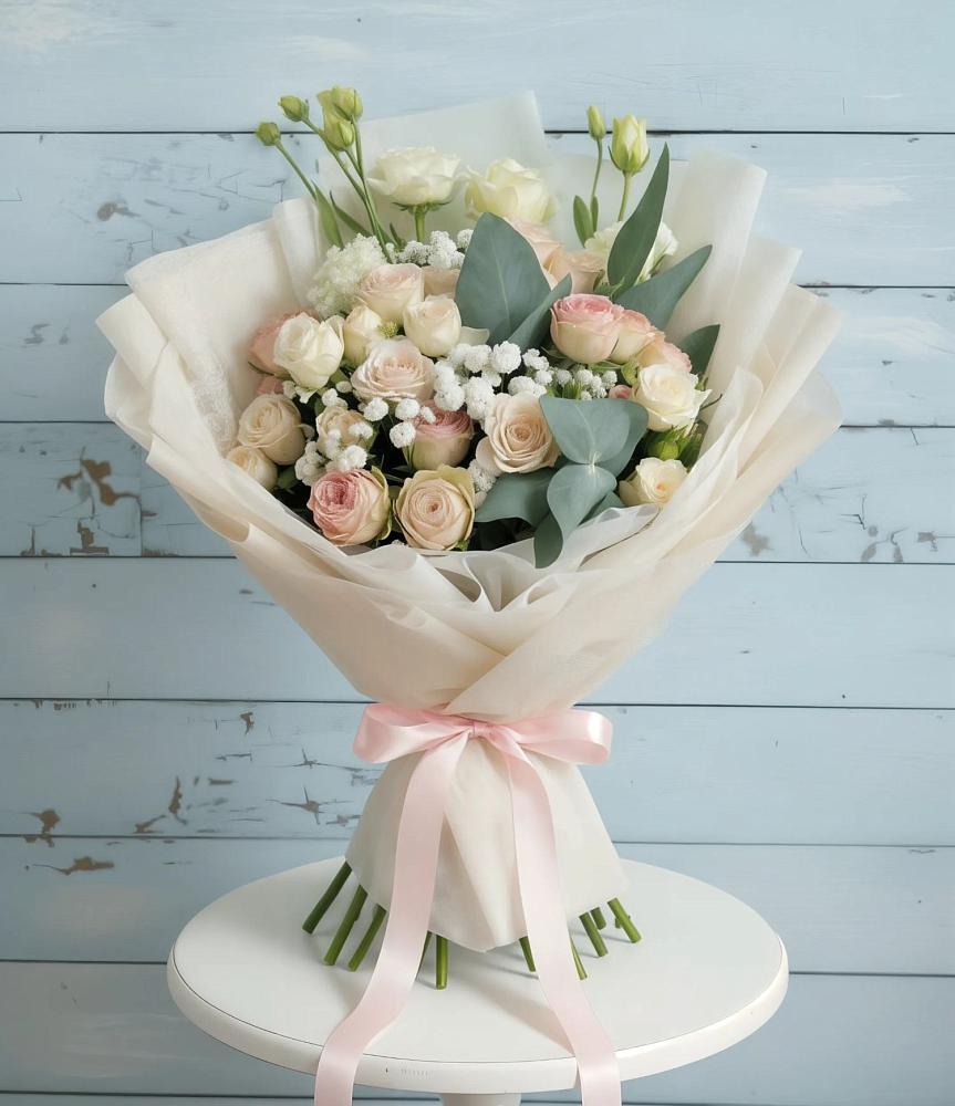 Букет цветов из: Розы и Лизиантусы в Олымский