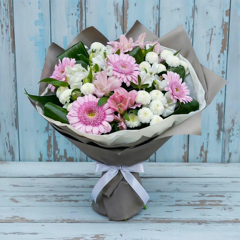 Букет цветов из: Герберы, Альстромерии и Хризантемы в Олымский