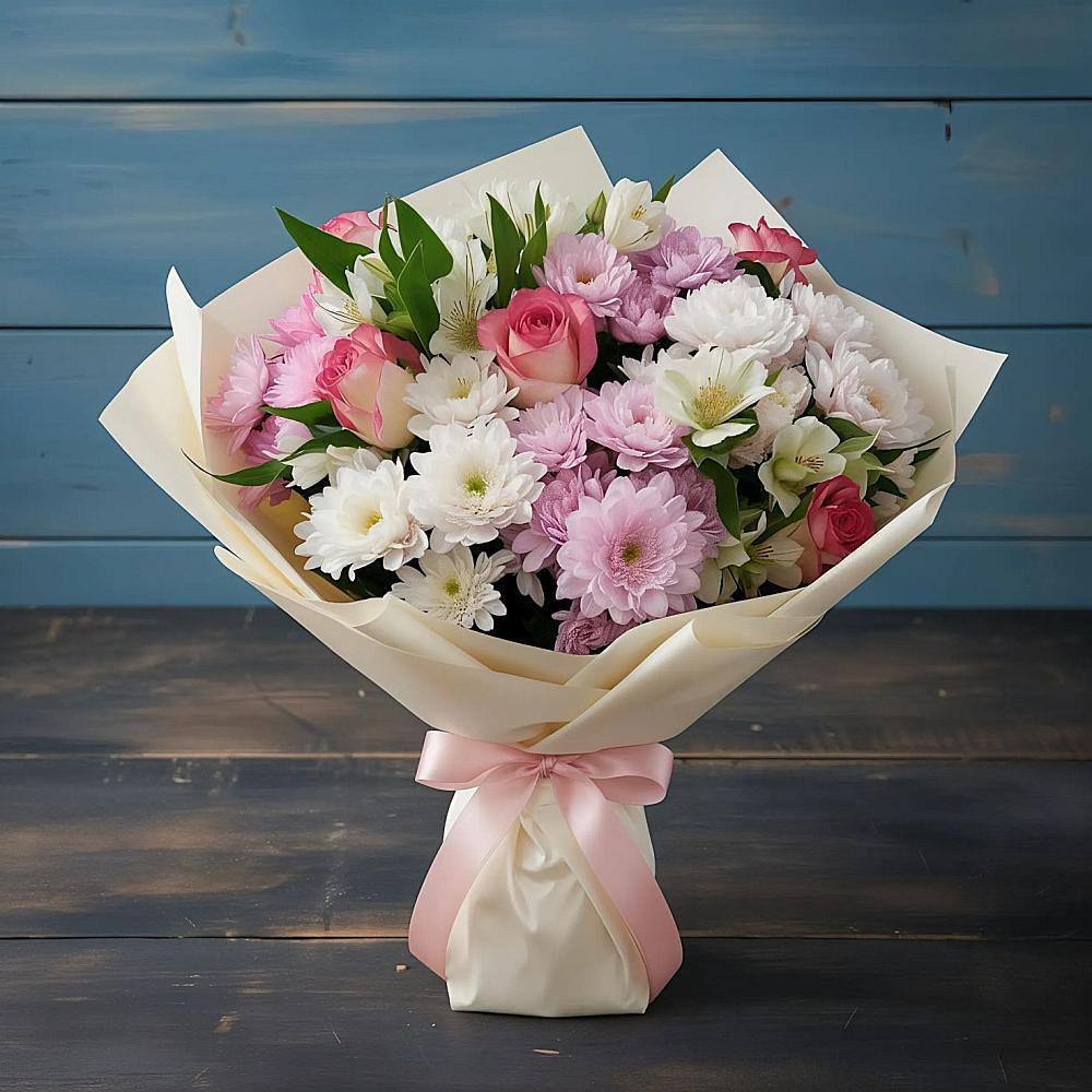 Букет цветов из: Хризантемы, Альстромерии и Розы в Олымский